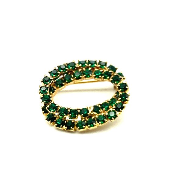 Sparkling Green Interlocking Rings Brooch, Vintage Double Ovals with Prong Set C - Picture 1 of 4